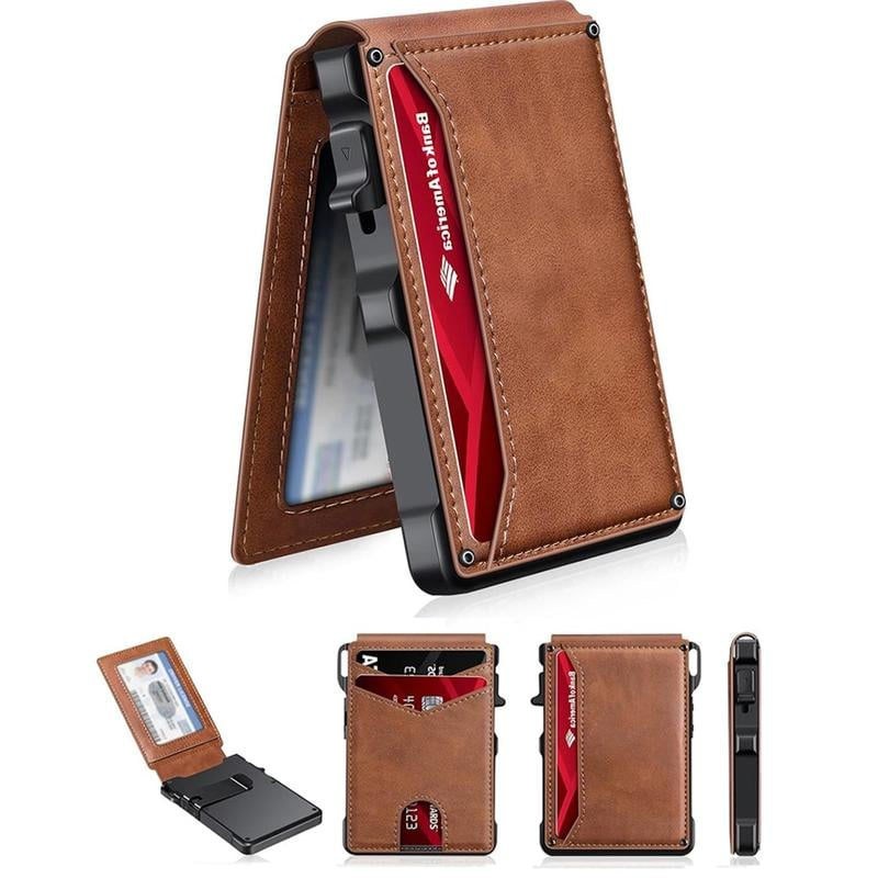 ⚡70K+ SOLD!-Wallet for Men - with Pop Up Aluminum Case Money Clip Slim Leather Slots Credit Card Holder RFID Blocking Bifold Minimalist Wallet